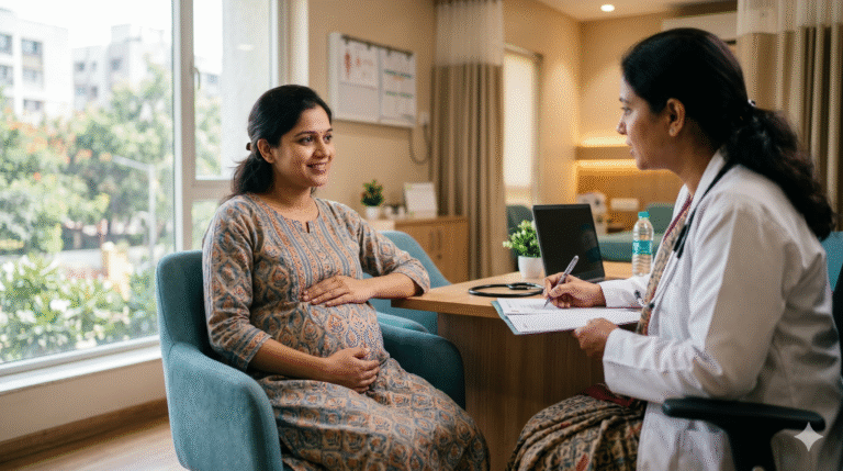 Pregnant woman consulting a gynaecologist for pregnancy care in Hyderabad
