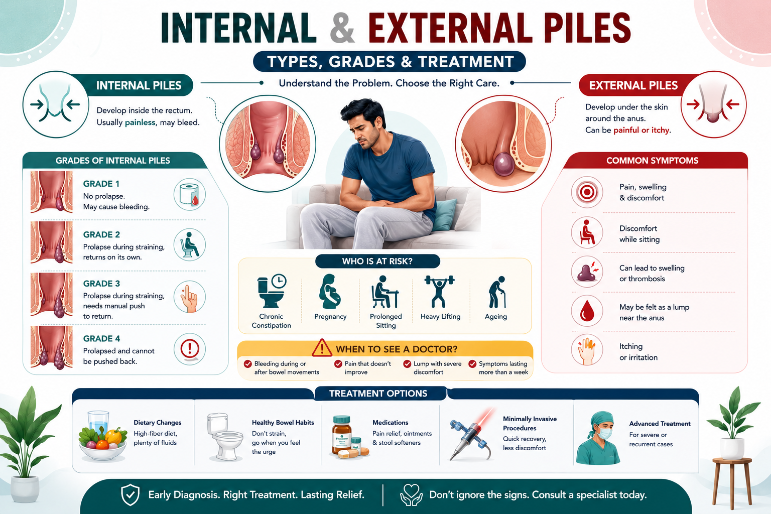 Internal vs external piles comparison: internal piles form inside the rectum and are painless, external piles form under the skin at the anus and cause pain