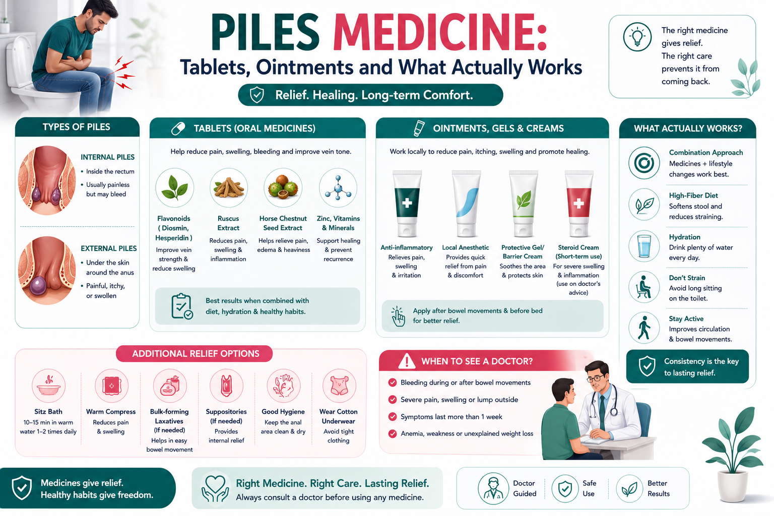 Types of piles medicine: fibre supplements, flavonoid tablets, and topical creams and ointments, used under a doctor's advice