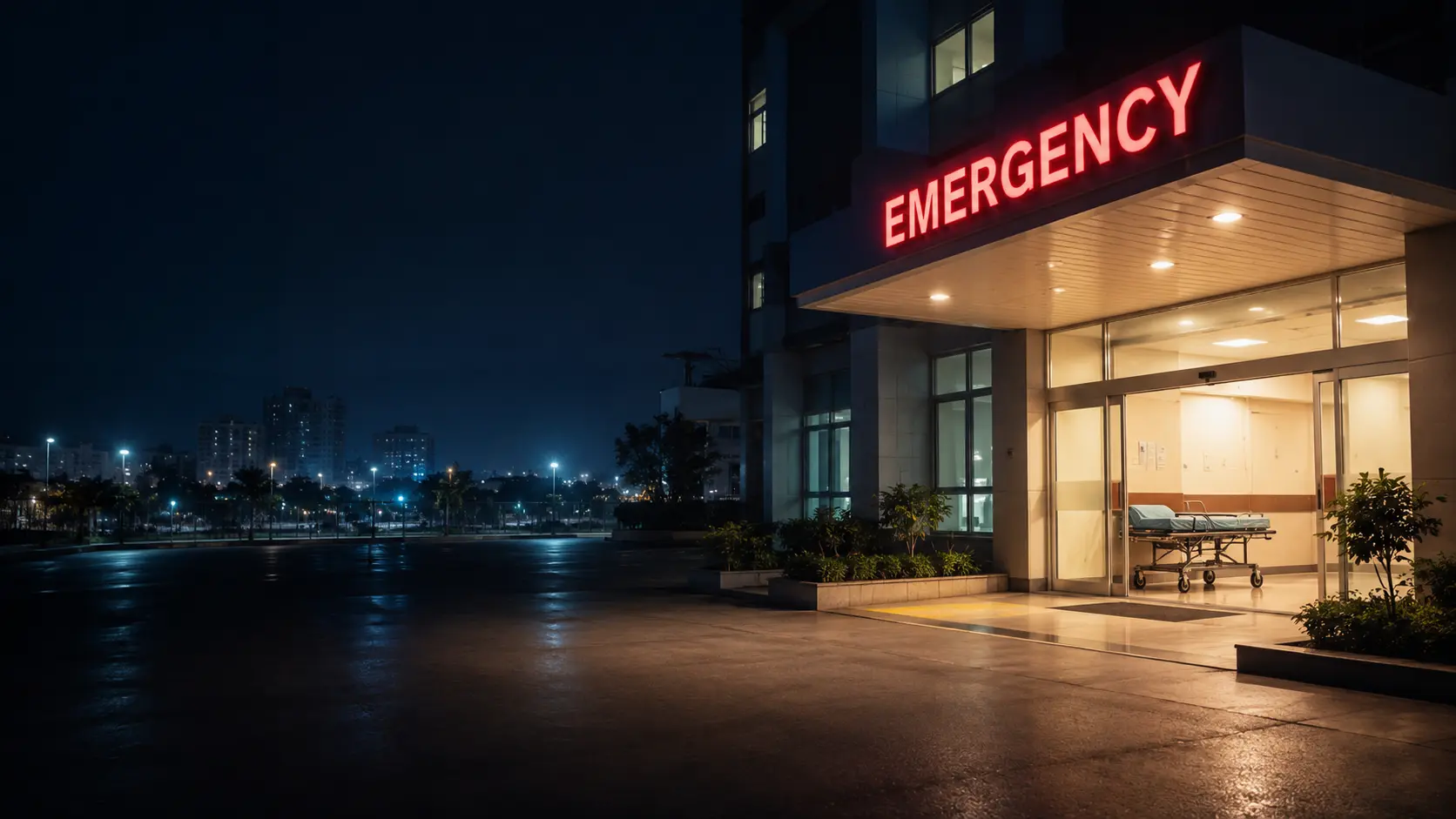 Emergency and casualty entrance at night, road accident and emergency care hospital in Begumpet Hyderabad, Vivekananda Hospital
