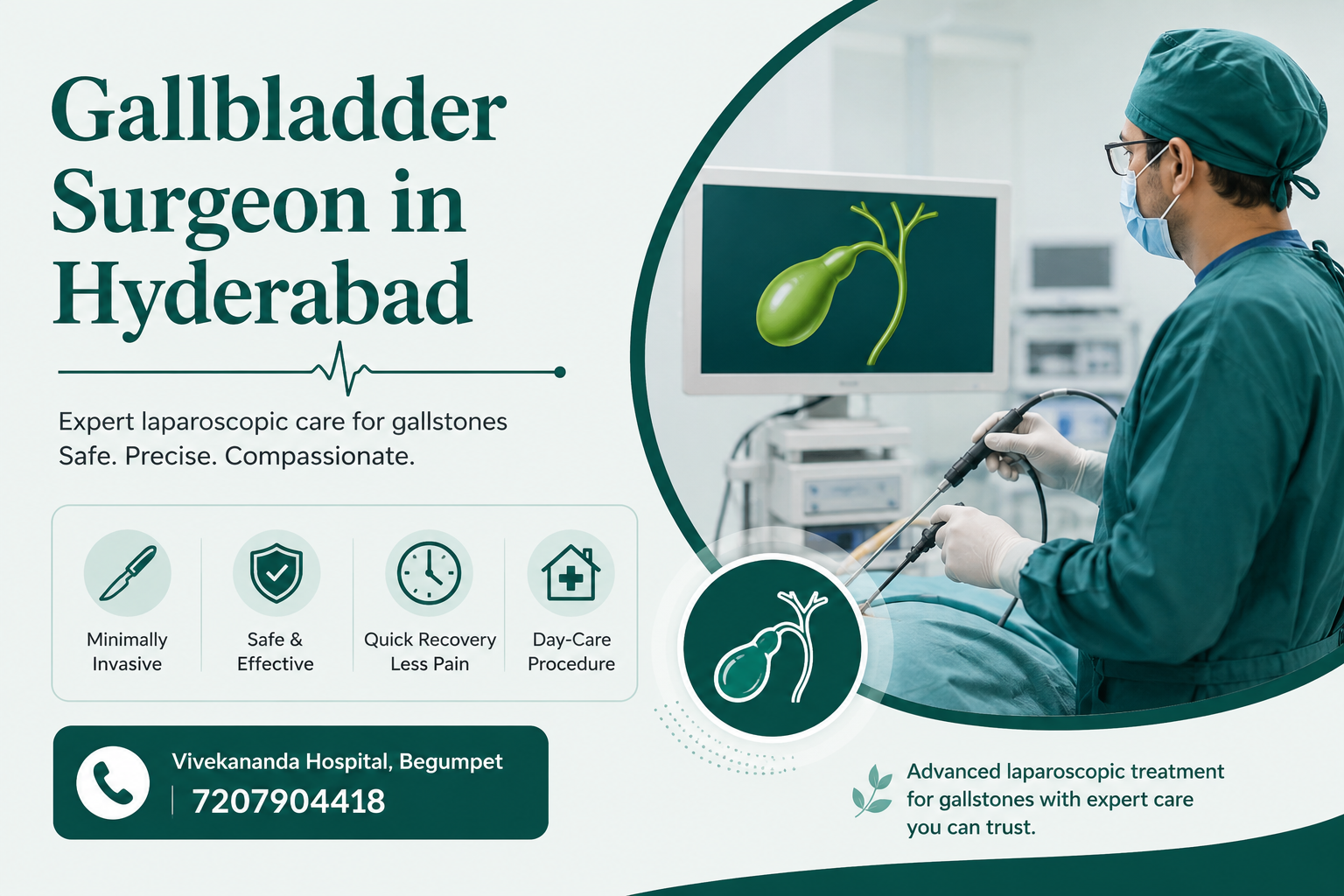 Gallbladder surgeon performing laparoscopic surgery at Vivekananda Hospital, Begumpet, Hyderabad