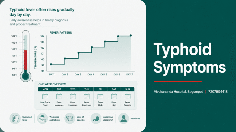 Typhoid symptoms, gradual step-ladder fever, weakness and abdominal signs week by week, Vivekananda Hospital, Begumpet